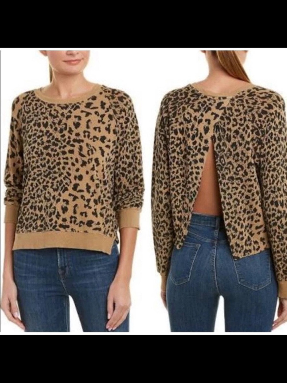 Current Elliott Open Split Back Crew Neck Leopard Sweater Size 3 Casual